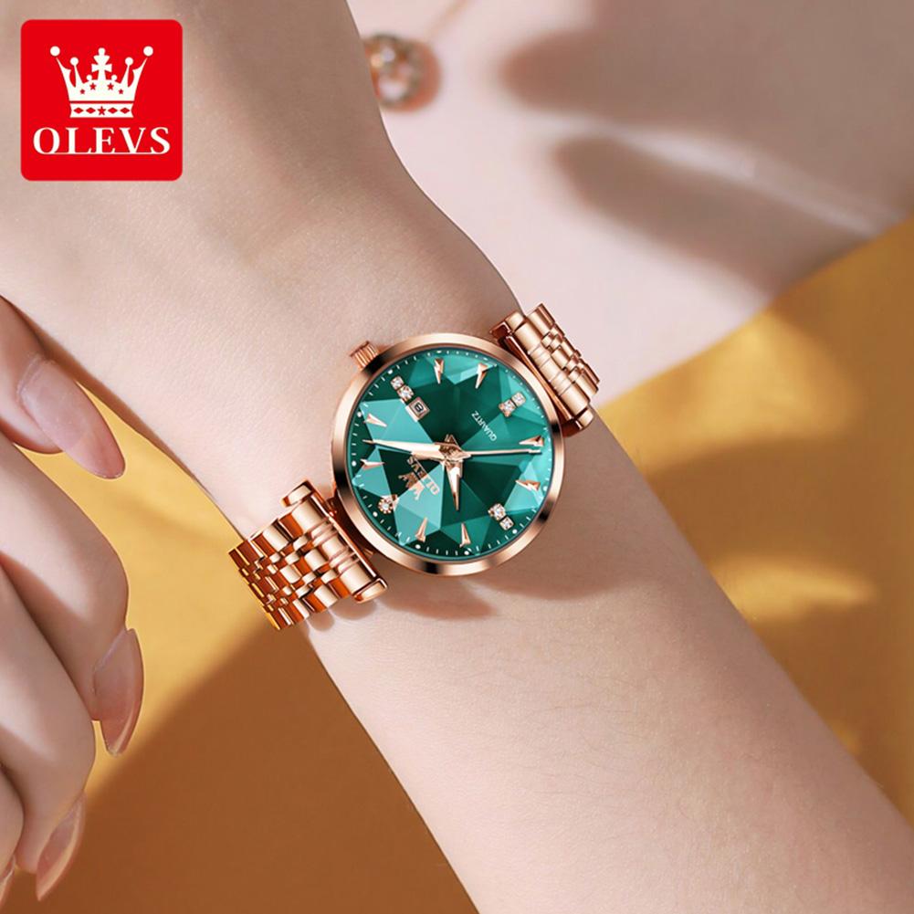 OLEVS Original Quartz Watch for Women Fashion Rhombus Mirror Elegant Rose Gold Steel Strap Waterproof Women's Dress Wristwatches