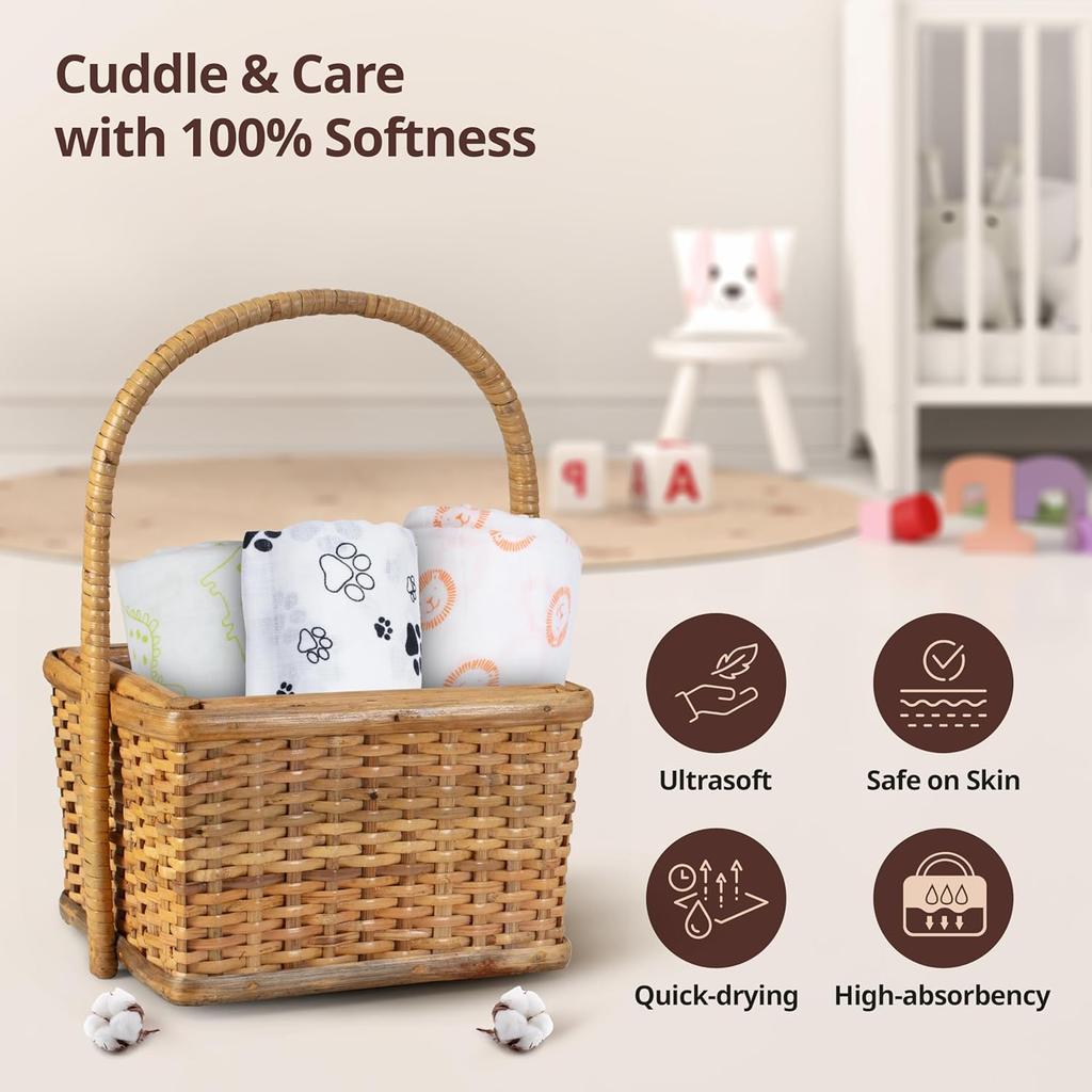 LuvLap 100% Cotton Muslin Baby Swaddle Set, Pack of 3, Breathable Soft Baby Towel Wrap for Newborns, 120cm X 100cm Animals