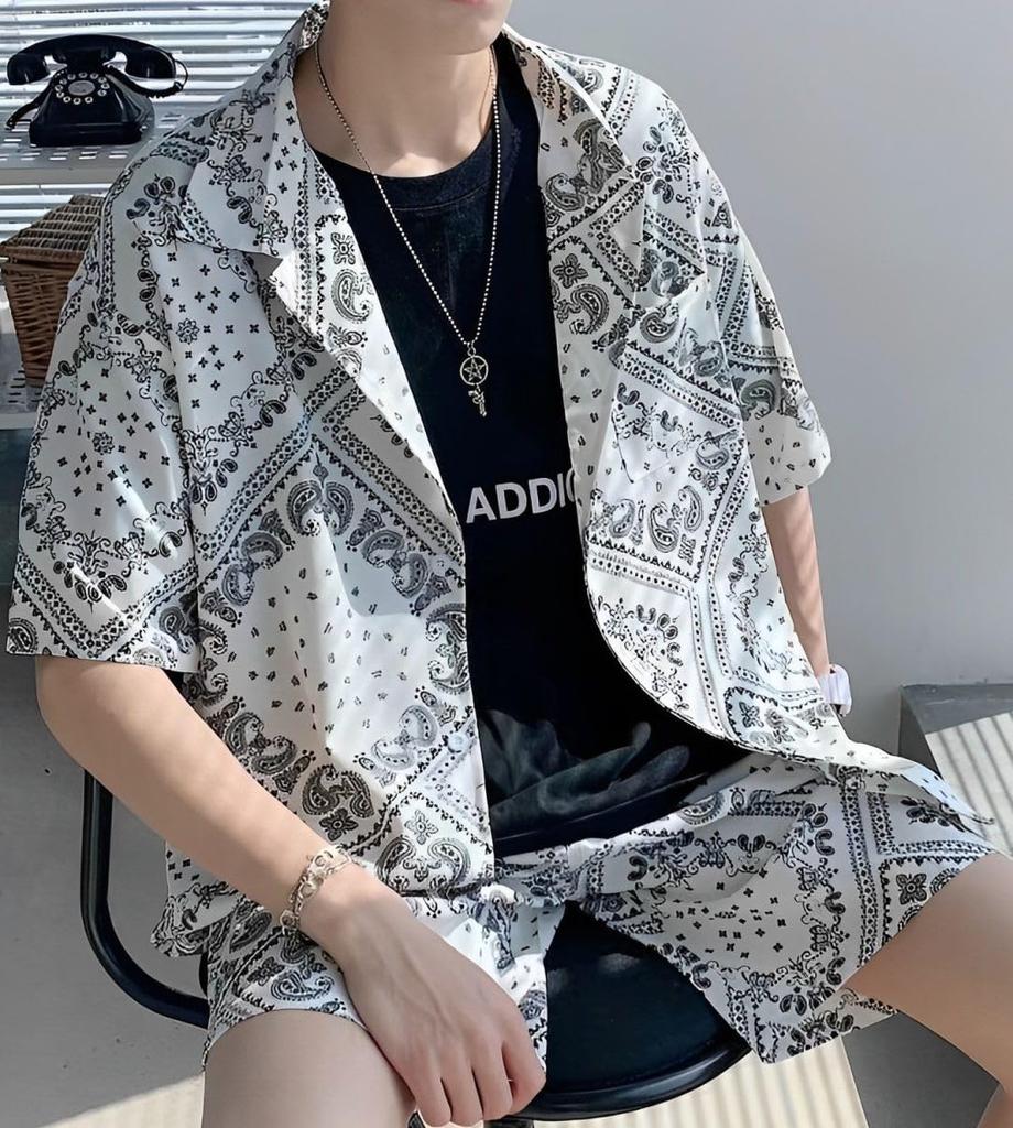 Paisley Pattern Short Sleeve Shorts Top and Bottom Set Street Style Collared Shirt and Shorts Set Short Sleeve Set Setup 2 Piece Set Patterned Shirt