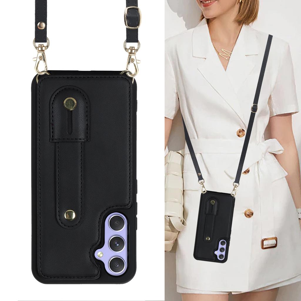 Crossbody Leather Wallet Wristband Case for Samsung Galaxy A54 A14 A34 A53 A52 A13 S23 Ultra S22 Plus Cards Solt Necklace Cover
