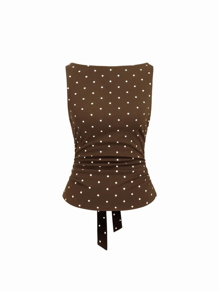 American Polka Dot Bottom Shirt Women's Summer Boat Collar Retro Pleated Waist Skinny Vest Sexy Spice Sleeveless Top