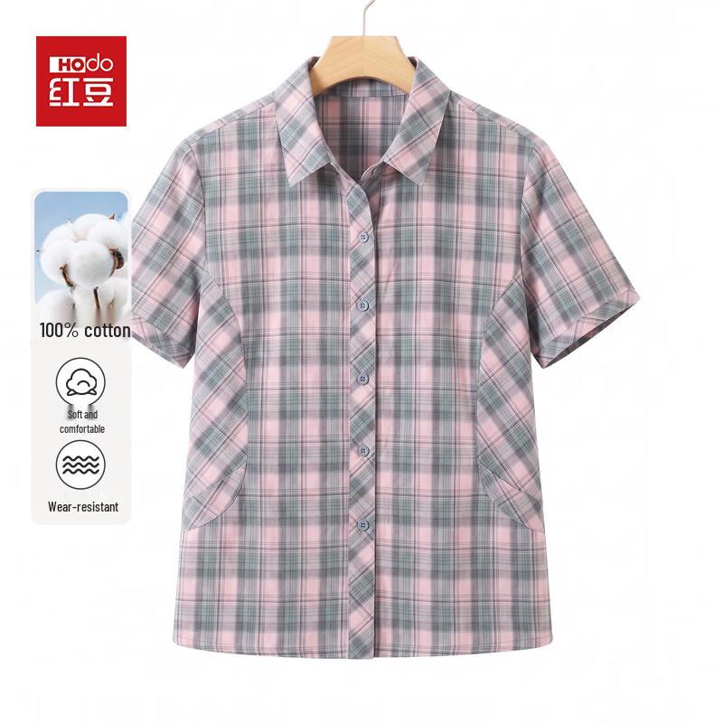 Hodo Women's Mid-Aged Summer Cotton Plaid Short-Sleeve Shirt