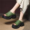 Genuine Leather Thick Soled Wedges Slippers Cowhide Hollowed Out High Heels Women's Shoes