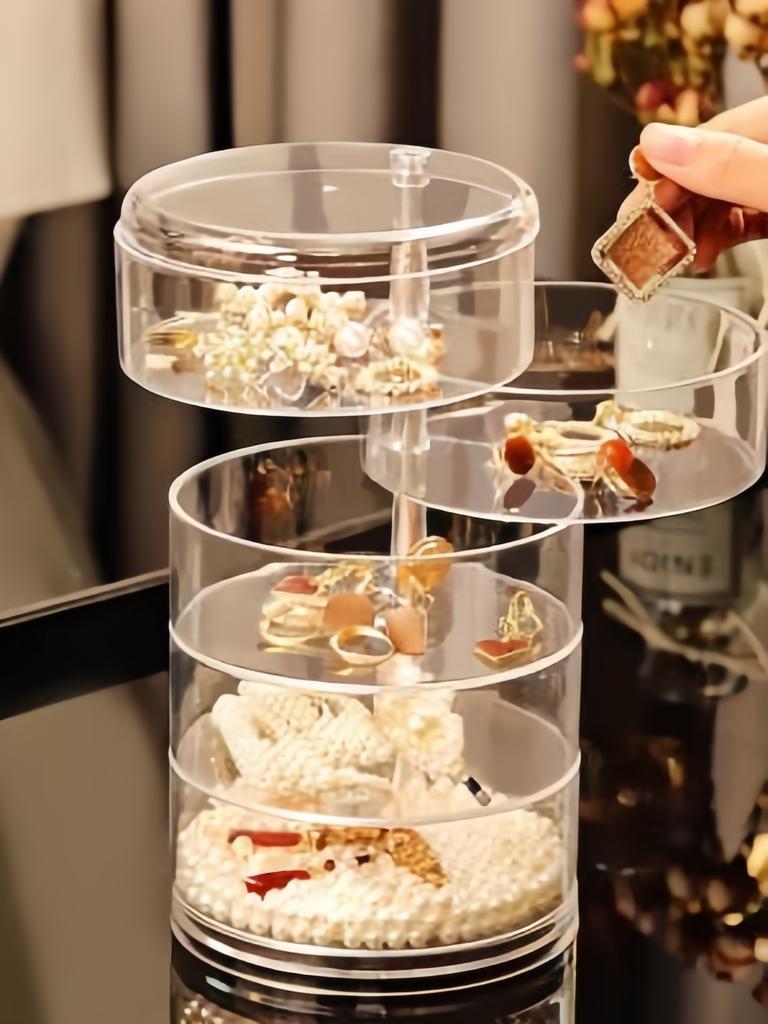5-layer rotating jewelry storage box - transparent, dust-proof plastic, for storing earrings, rings, necklaces and hair accessor