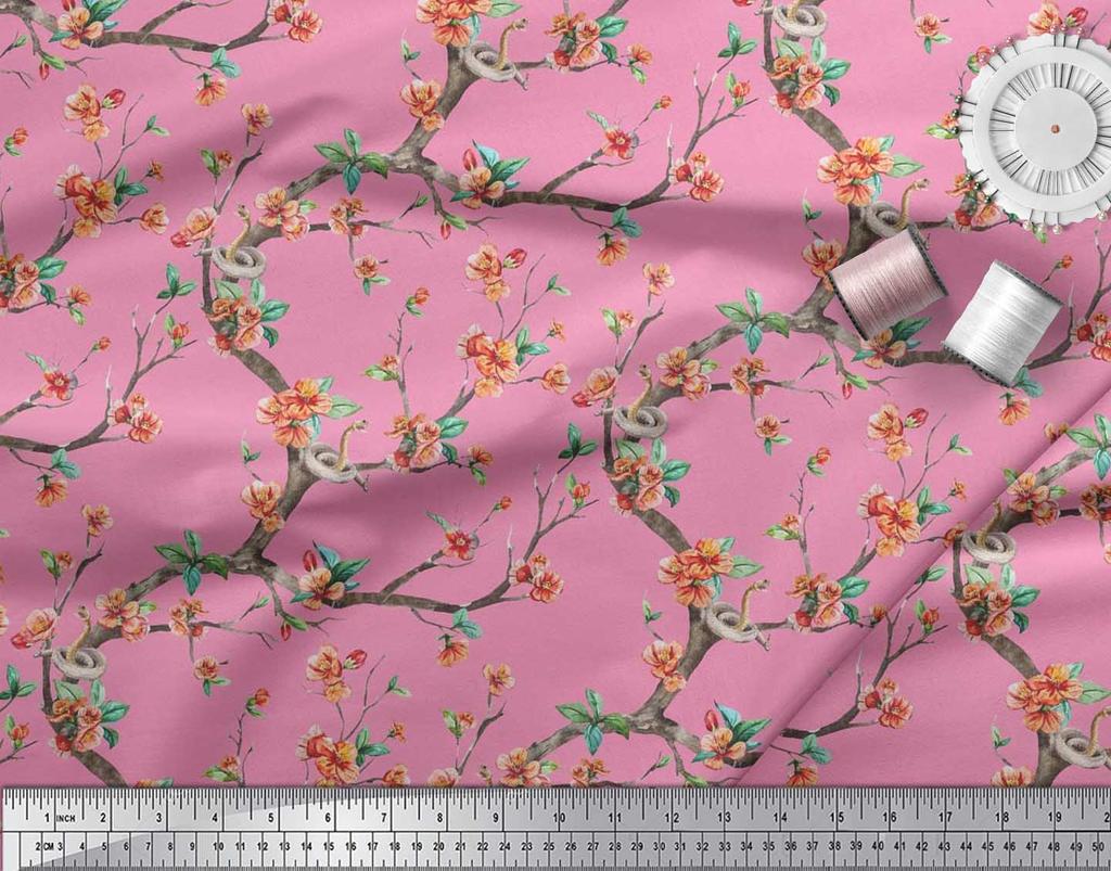 Soimoi Japonská krepová saténová látka Had, listy a květy, květinový potisk v metrech 42 palců