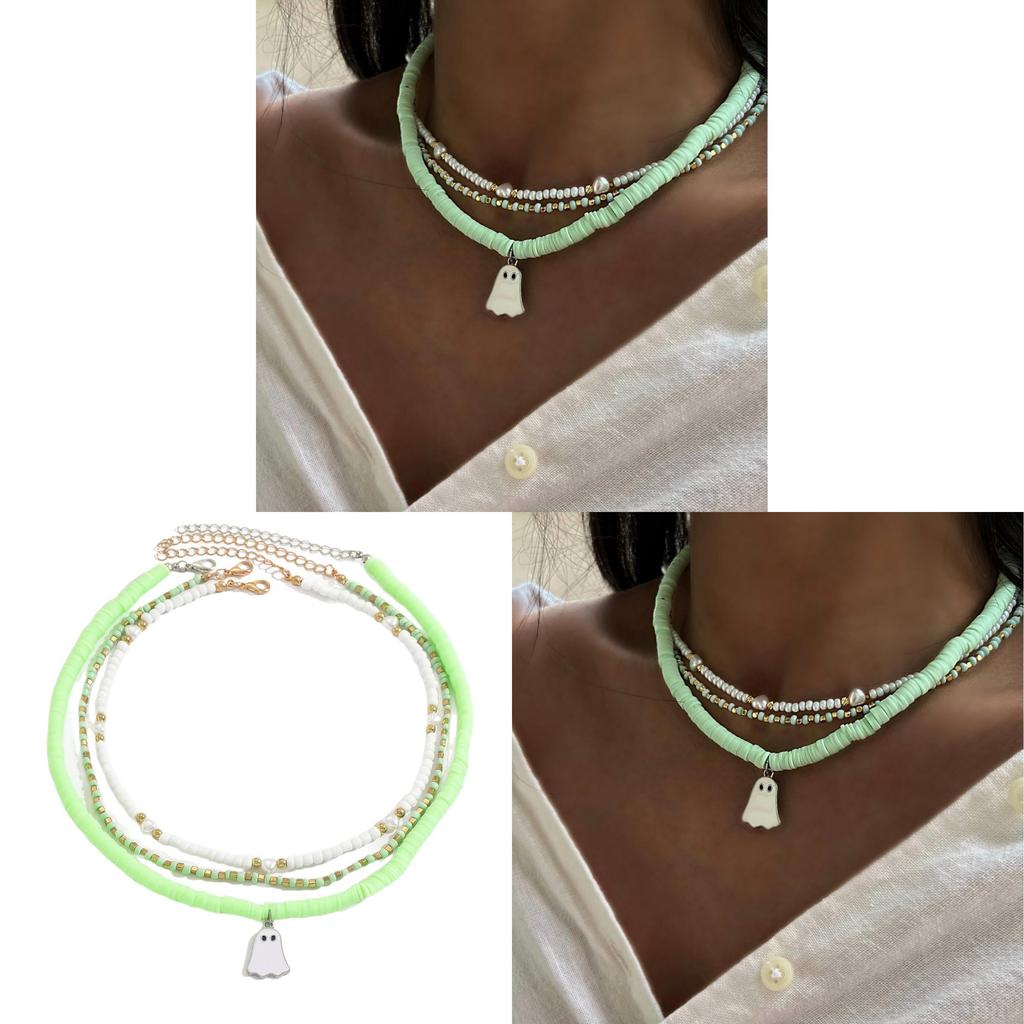 Halloween Hängsmycke Halsband Med Tecknade Spökpärlor Och Flerlagersdesign För Kvinnor