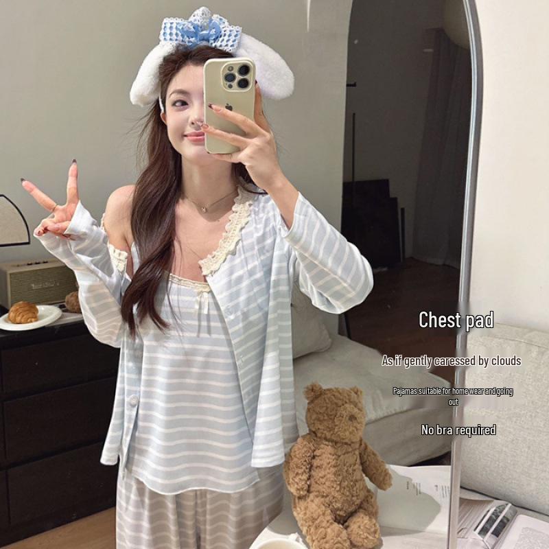 Women s Spring Striped Pajama Set: Comfortable 3-Piece Cotton Knit with Fixed Bra Pads XL
