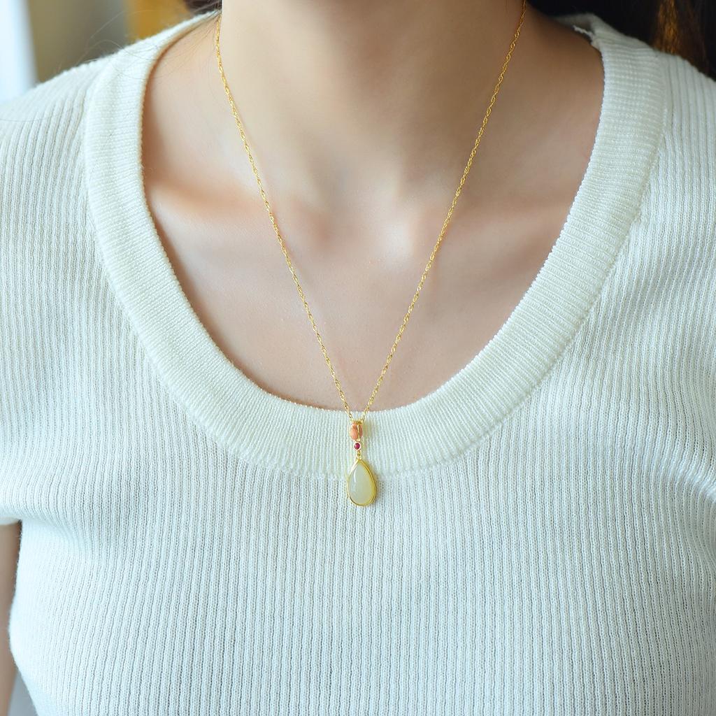 Hotan Jade S925 Silver Water Drop Pendant Necklace for Women
