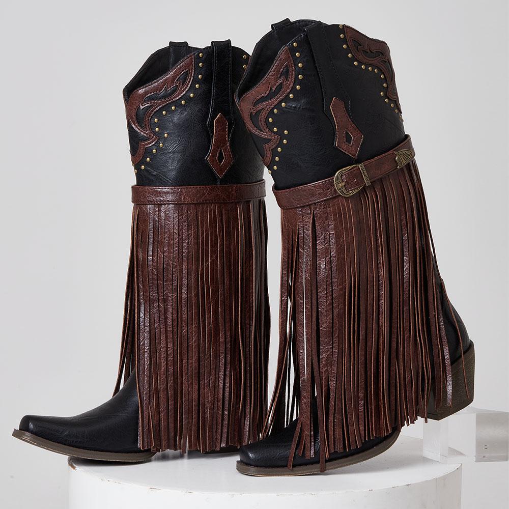 Women's Embroidered Western Cowgirl Boots Fringe Vintage Point Toe Chunky Heels Vintage Cowboy Knee High Boots For Women Farm Ou