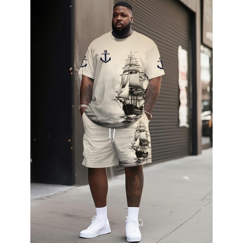 Plus Size Men S Casual Sports Sets Breathable Outdoor Casual Men S T-Shirt And Shorts Summer Sailboat Printed Men S Adult Sets men s sportswear S