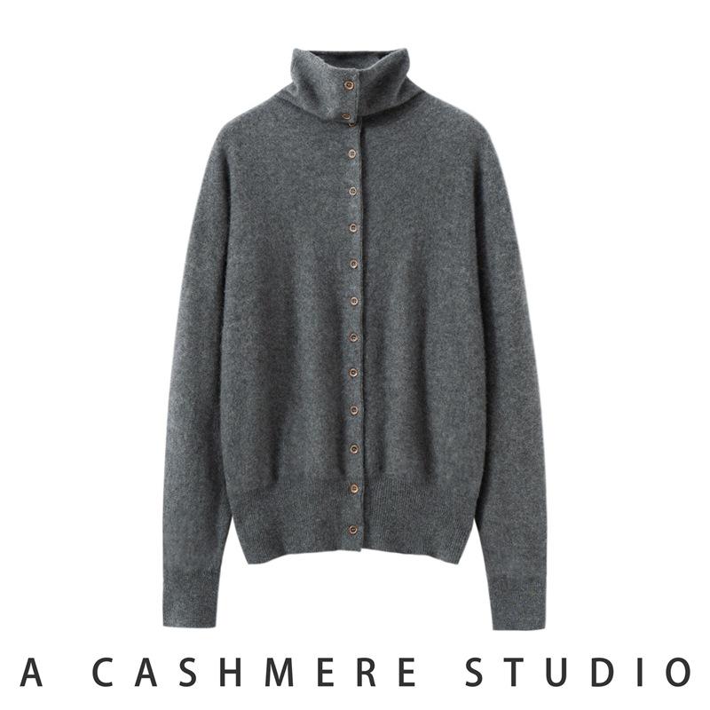 Women's Loose Fit Cashmere Wool Cardigan - Autumn/Winter High Neck Multi-Button Knit Sweater Jacket