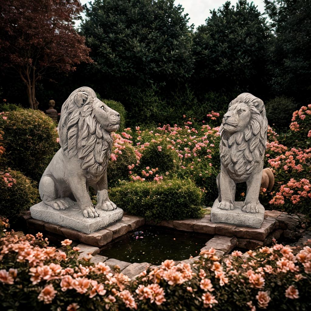 Escultura de león de hormigón gris figura de león de jardín estilo art déco