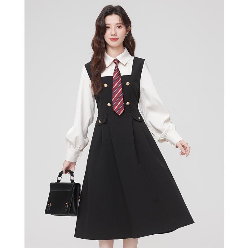 

Осенне-зимнее двухсекционное платье с длинным рукавом и завышенной талией, юбка для преподавательского собеседования L чёрный