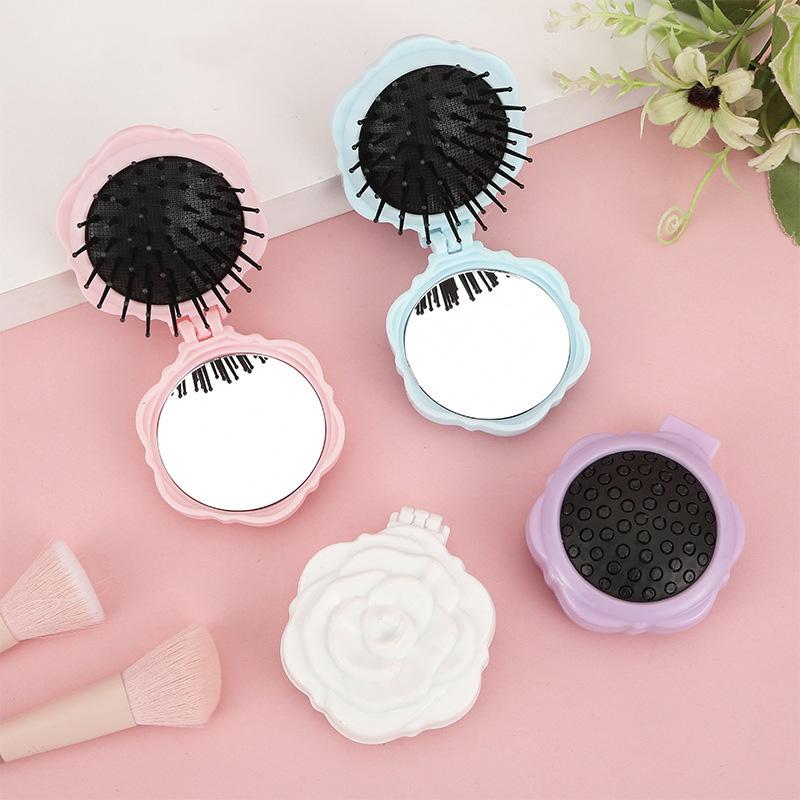 Rose Shaped 2-in-1 Makeup Mirror Air Cushion Comb Portable Mini Massage Comb Hair Brush with Mirror Travel Beatuty Mirrors