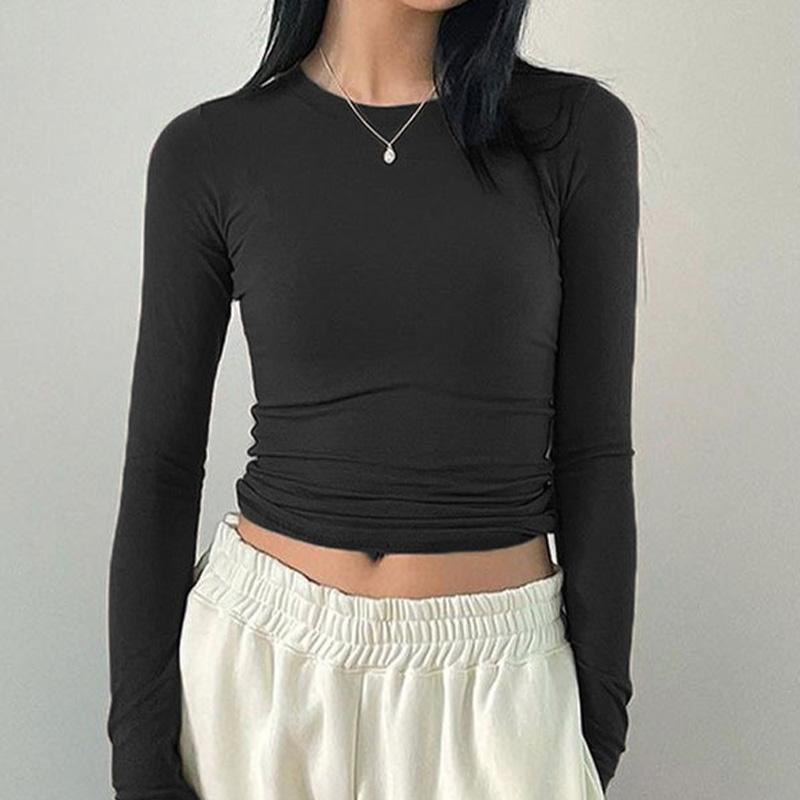 Women Casual Slim Fit Long Sleeve O-Neck T-shirts Tops Spring Fall Solid Color Tees with Thumb Holes Streetwear