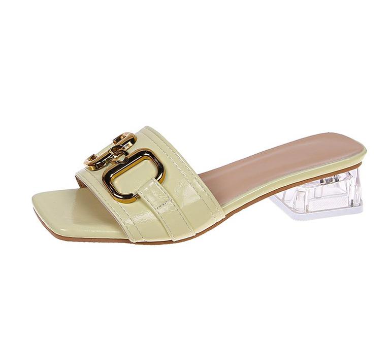 2024 Metal Buckle 3.5cm Transparent Square Heels Slides Women Peep Toe Mules Cool Summer Slippers Sandals Elegant Shoes