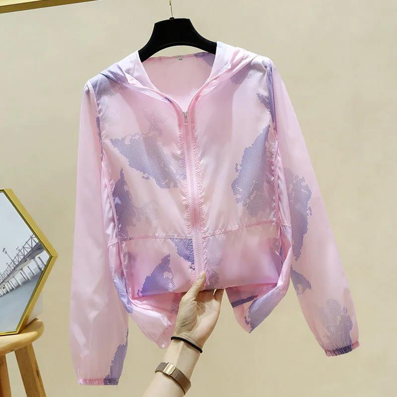 Sommer bedruckte Sonnenschutz-Damen-Lose, langärmelige, dünne Freizeitjacke mit Kapuze L