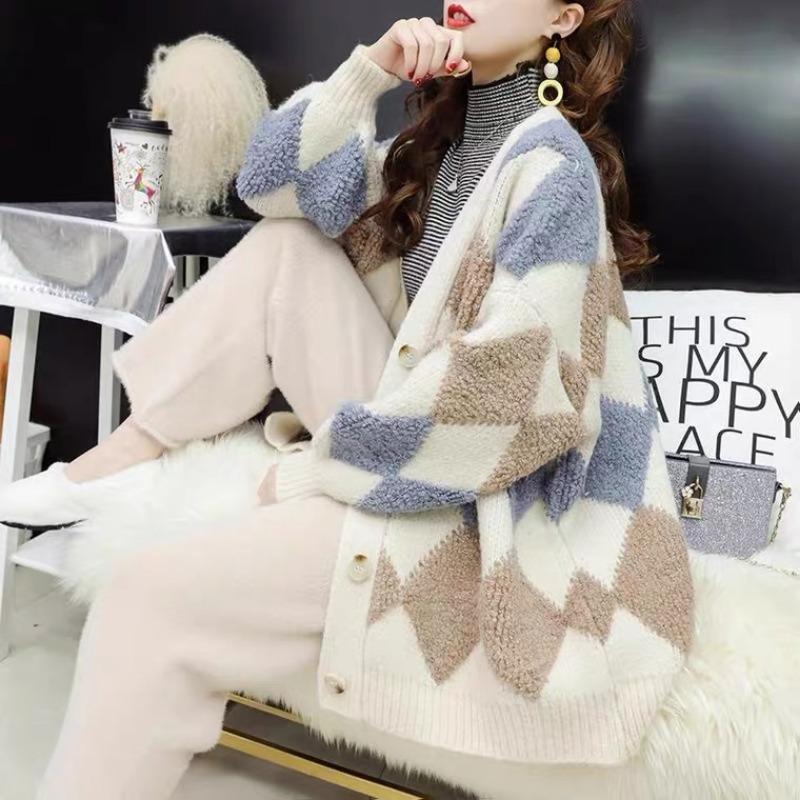Jachetă Pulover Toamnă Femei Mânecă Lungă Larg Tricotat Cardigan Palton Argyle Casual Mărimi Mari Pulovere Femei Modă Iarnă Cardigane Femei Topuri 24947