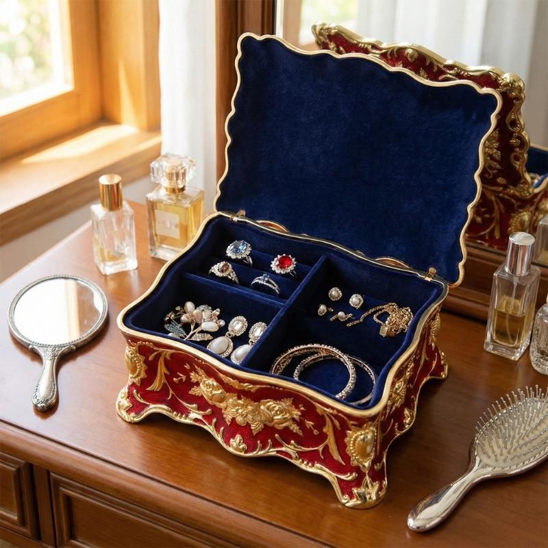 Elegant European Rose Engraved Metal Jewelry Box For Rings Necklaces Earrings With Soft Lining