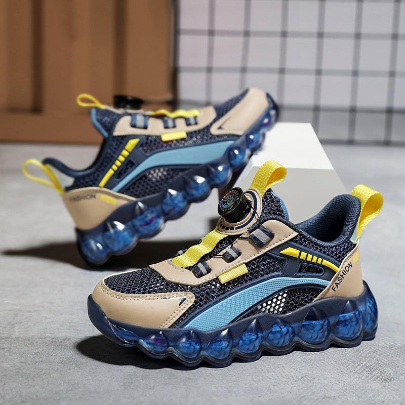 Boys Breathable Mesh Sneakers With Rotating Snap Lightweight Anti-Slip Sport Shoes Kids Fall