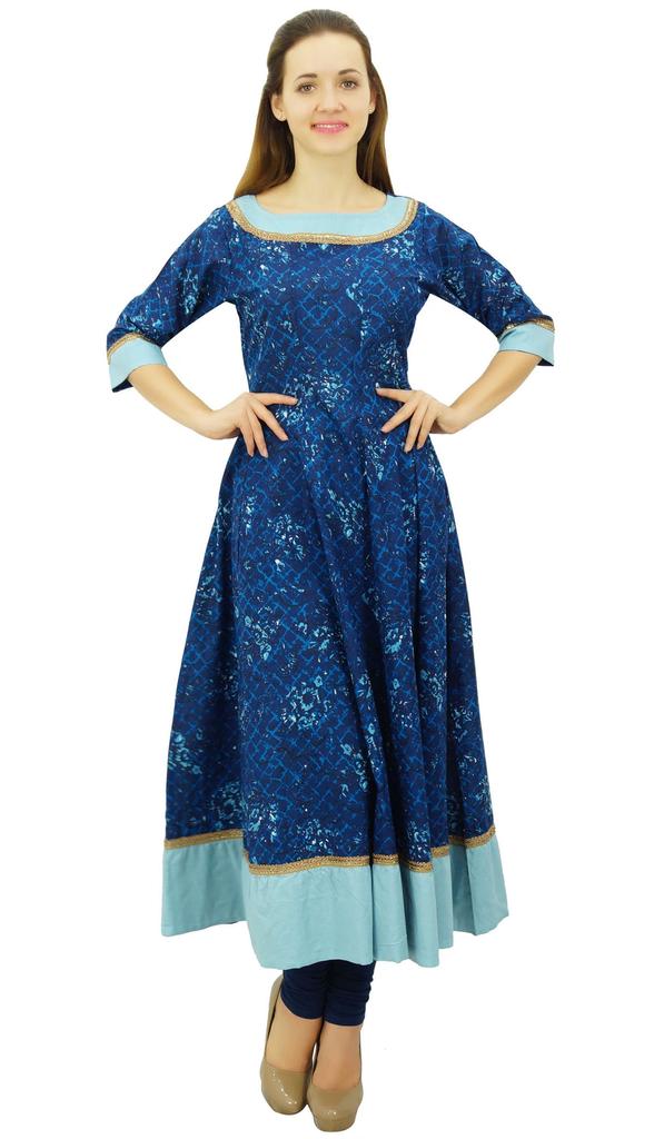 Bimba Women's Printed Kurta Ethnic Cotton Anarkali Kurti Bollywood Casual Dress| Navy Blue|