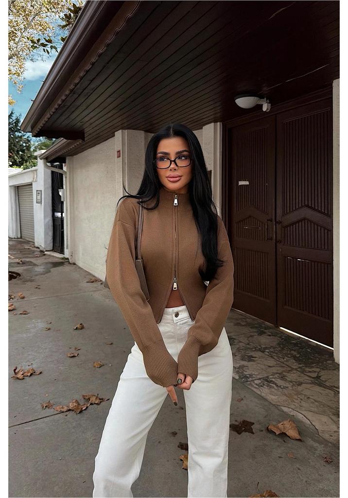 European & American Style Knit Zipper Cardigan: Women's Half-high Collar, Loose Long Sleeve, Cropped Soft Fluffy Sweater.