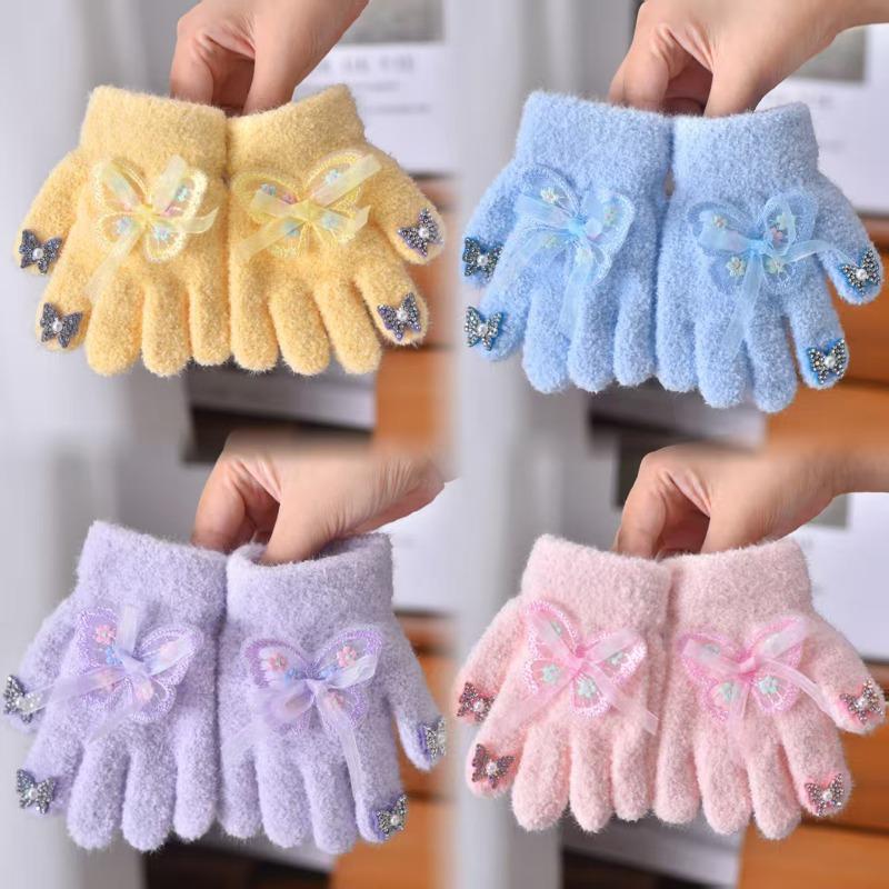 New gloves flower bow full-finger gloves autumn and winter girl finger cute warm thickened cold-proof granular velvet