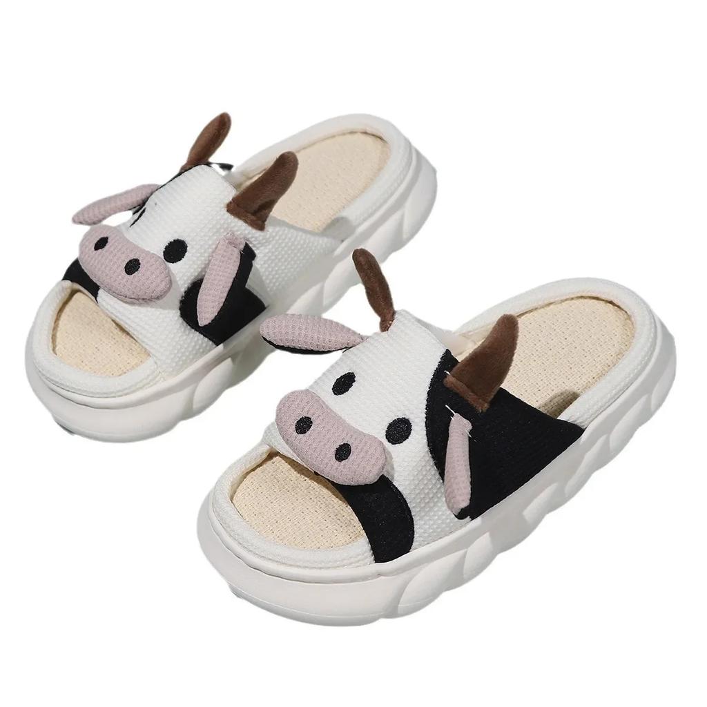 Fashion Women Cute Cartoon Cow Linen Slippers Spring Anti-slip Slides Couples Home Non-slip Flip Flops Casual Slip on Platform Slippers