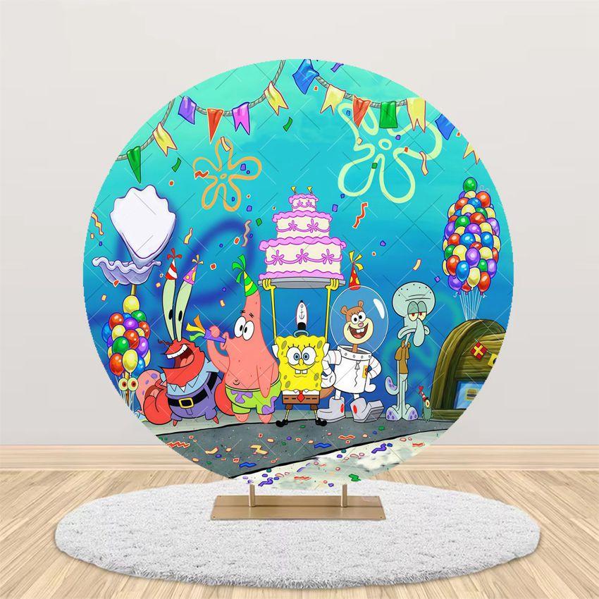 Cartoon SpongeBob Children Birthday Party Round Backdrop Cover Kid Room Decoration Baby Shower Photography Background Props