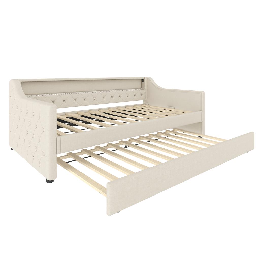 Tagesbett, 90 x 200cm, Schlafsofa, Tagesbett mit Lattenrost (ohne Matratze), Mit LED-Leuchten, Bett mit Ausziehbett, USB-Ladeanschluss, Leinen, Beige