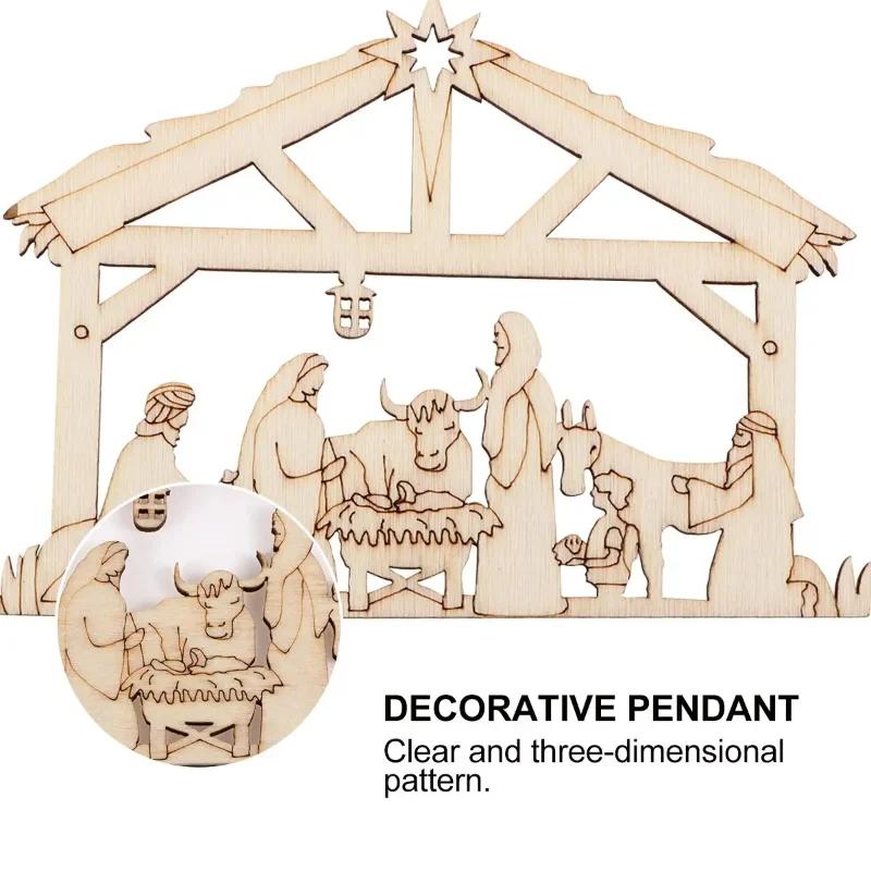 A Top Quality Jesus Manger Wooden Hanging Pendants House Shape Christmas Tree Decorations Religious Wood Gifts for Home Cafe