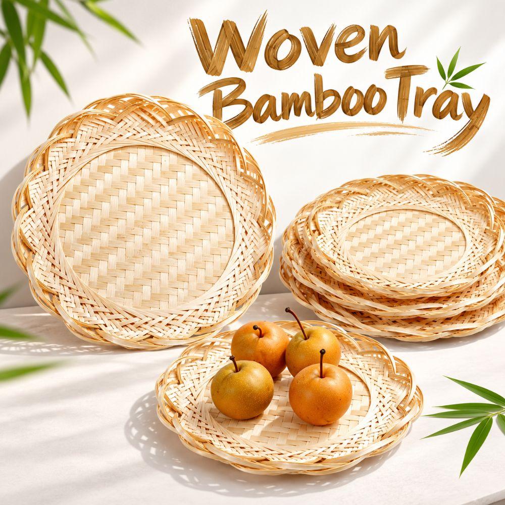 Scalloped Edge Woven Bamboo Tray Round Fruit Snack Serving Tray Bamboo Woven Basket Fruit Serving