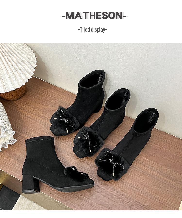 Autumn/Winter 2025 Women's Fur Velvet Stretch Chunky Heel Short Sock Boots