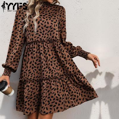 Women's Fashion Spring Fall Polka Dot Print Long Sleeve Stand-Neck Middle Waistline Casual Dresses