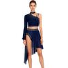 Dames Lyrische Dans Outfit Glanzend Strass Asymmetrische Crop Top Hoge Taille Slipje Korte Broek Chiffon Rok Kostuum