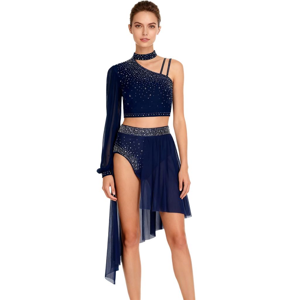 Dames Lyrische Dans Outfit Glanzend Strass Asymmetrische Crop Top Hoge Taille Slipje Korte Broek Chiffon Rok Kostuum