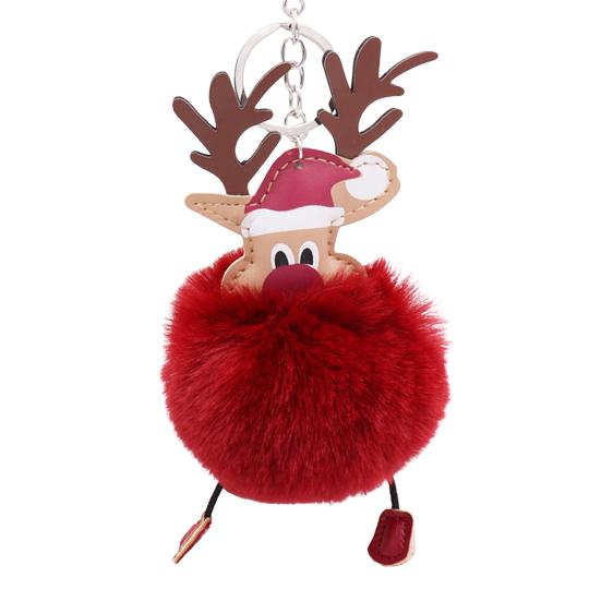 Christmas Deer Keychain Cute Reindeer Pom Pom Keyring Faux Fur Fluffy Plush Ball Charm for Handbag Backpack Purse Accessory