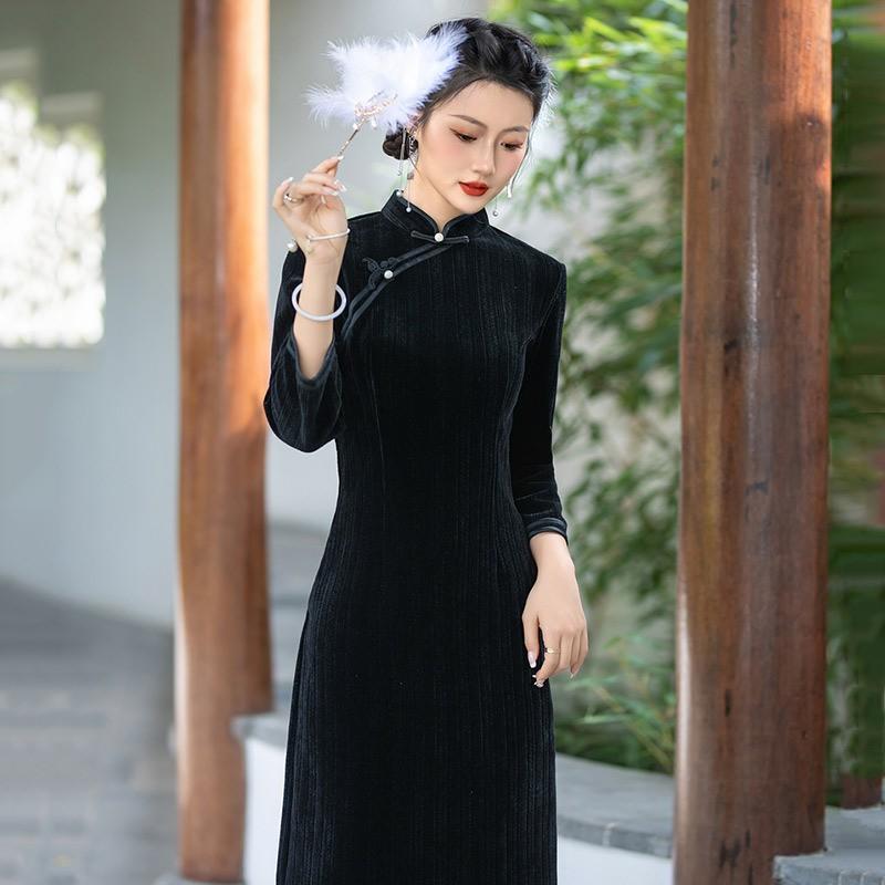 Slim Fit Black Dress Women Vintage Chinese Style Long Sleeve Midi Wear