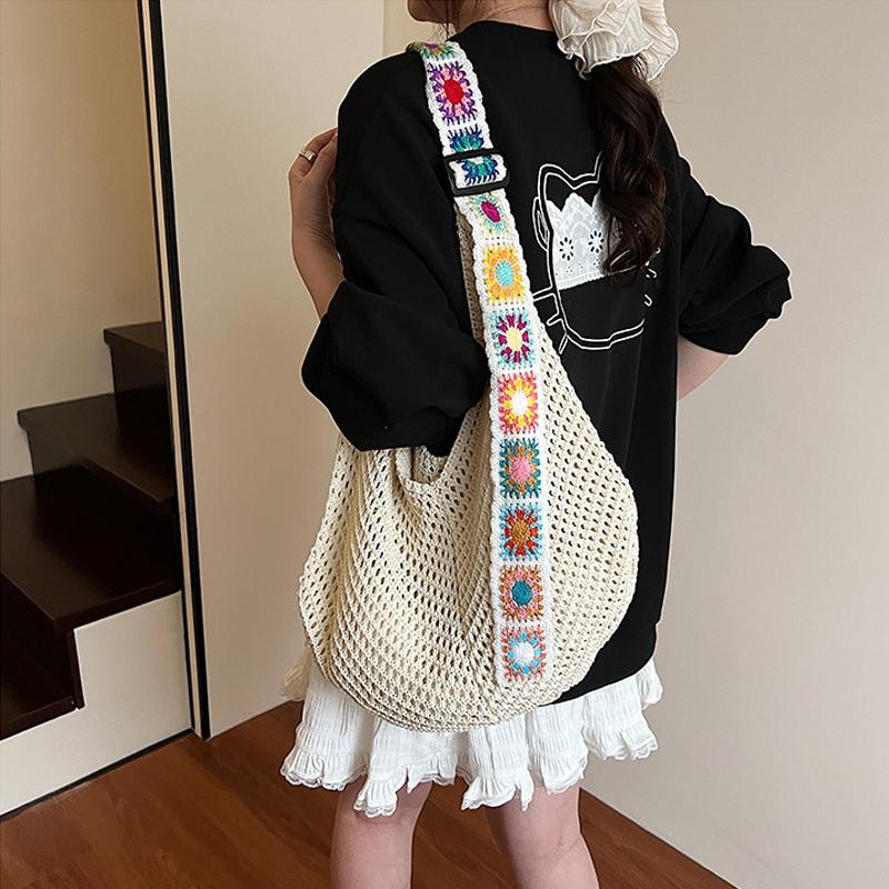 Large Capacity Crochet Tote Bag Ethnic Style Hollow Out Woven Bag Embroidered Strap Knitting Handbag For Female Travel AVE