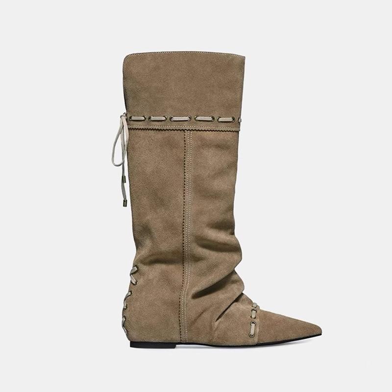 Cowhide version~ Genuine leather retro pointed western cowboy boots but knee boots versatile stacking boots strap high boots