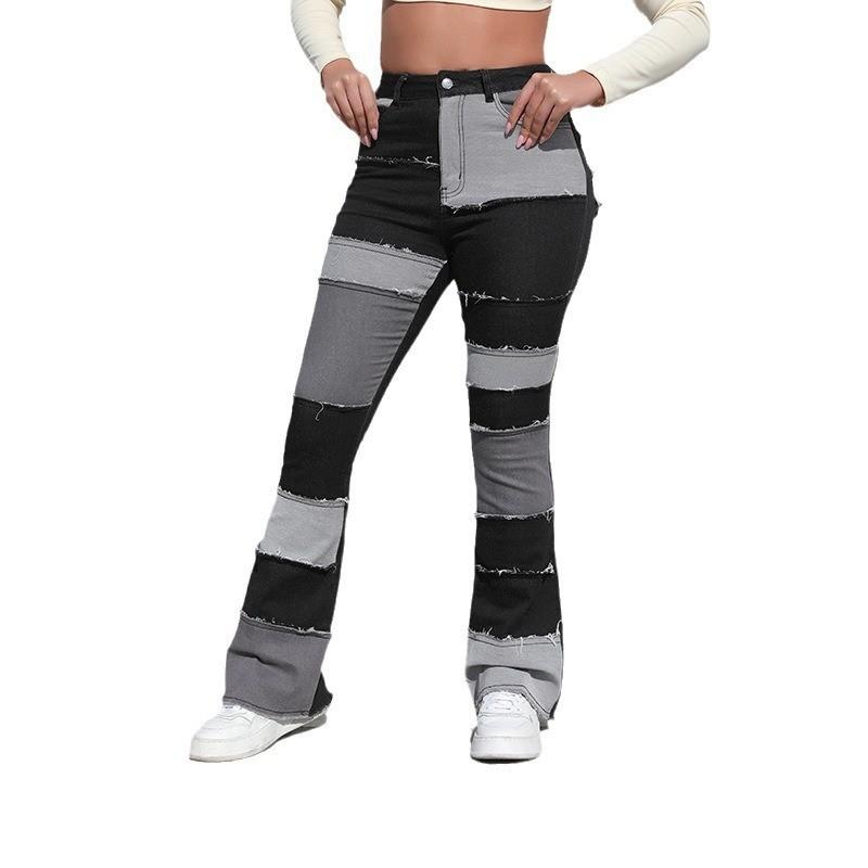 Color Block High Waisted Fitted Flare Jeans for Women Frayed Patch Raw Hem Denim Trendy Design Stitching Flare Casual Stretch Boot Cut Jeans