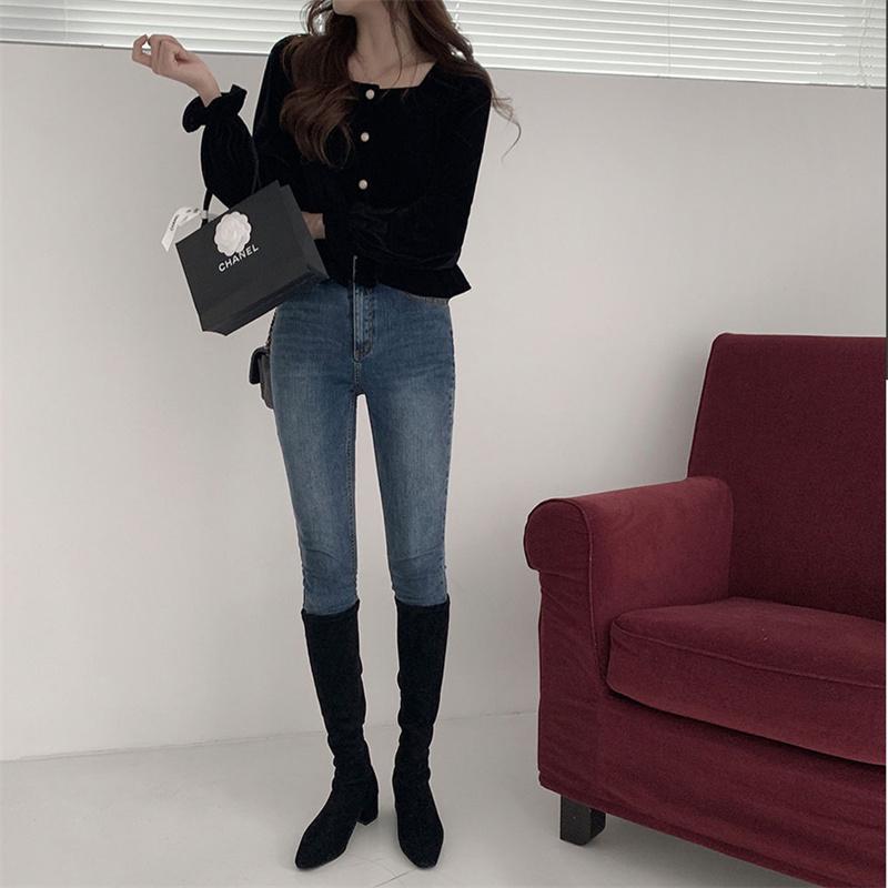 Buy Retro Black Velvet Blouse Square Collar Button Up Shirt Long