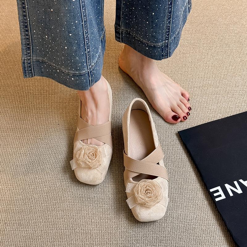 Inner height increase thick heel flower shallow mouth single shoes women's 2026 new soft leather French cross strap ballet shoes Mary Jane shoes