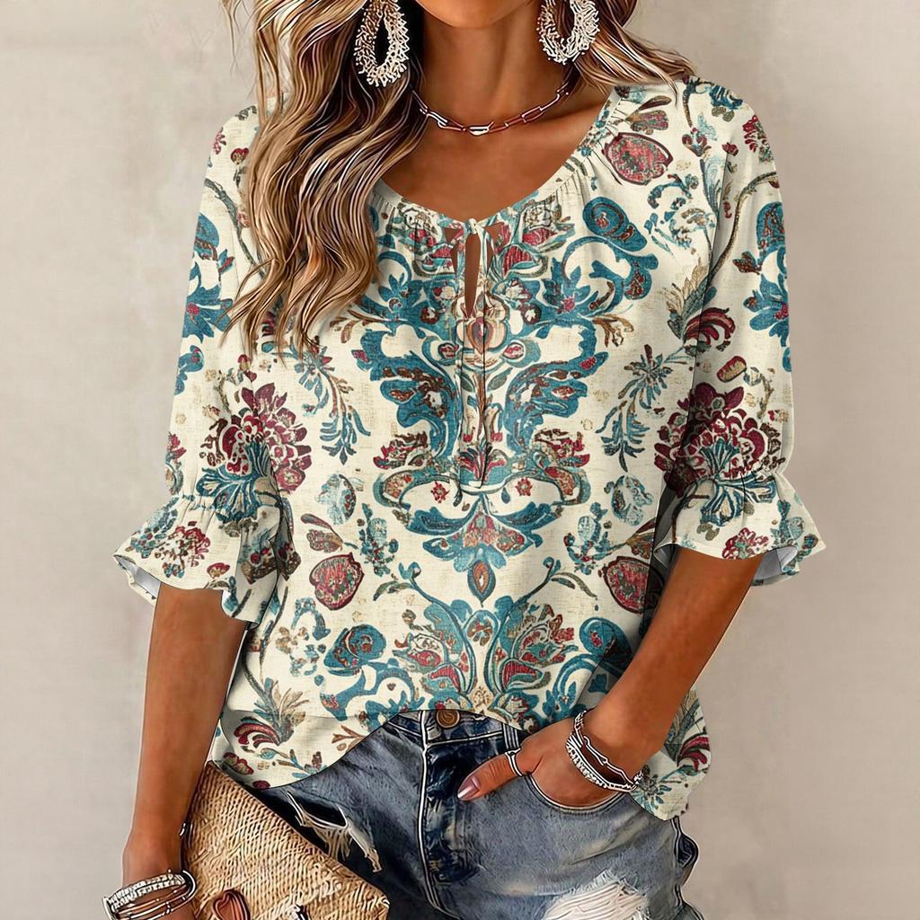 Women's Vintage Floral Print Blouse with Tie Neck and Ruffle Three-Quarter Sleeves
