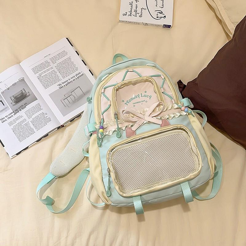 Women's Color Block College-Style Backpack with Ballet Ruffle Lace Design
