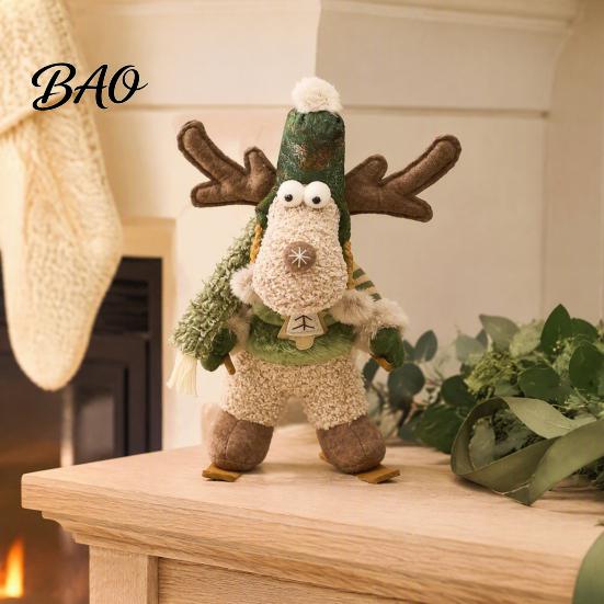 Indoor Christmas Party Supplies Green Plush Figurines, Skiing Snowman Reindeer Stuffed Doll, Fabric Commercial Holiday Display Ornaments Xmas Tabletop