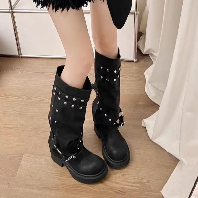 Fashion Boots for Women Punk Style Gothic Boots Fashion Motorcycle Leather Boots for Women Knee-high Boot Designer Stacked Trouser Botas