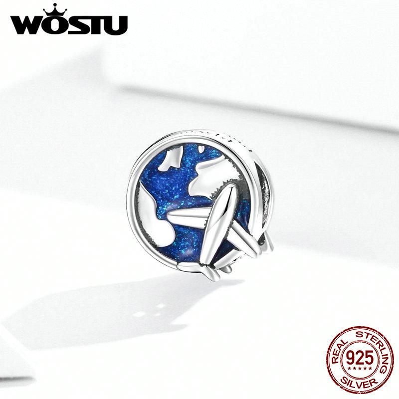 WOSTU Travel Charm Hot Sale 925 Sterling Silver World Voyage Charms Blue Enamel Beads fit Original DIY Bracelet Jewelry CQC1568