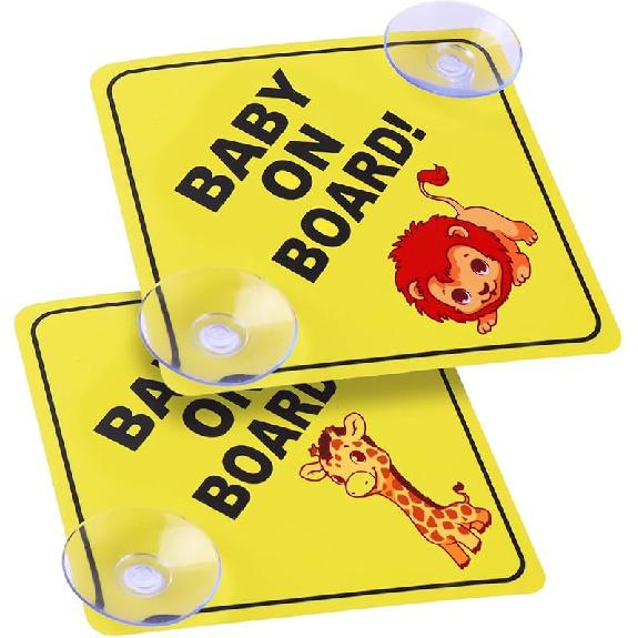 Cobee Baby On Board Car Warning Signs, 2 Pcs 5"X5" Safety Car Sign With Double Suction Cups, Baby In Car Sticker For Car Window Cling Reusable