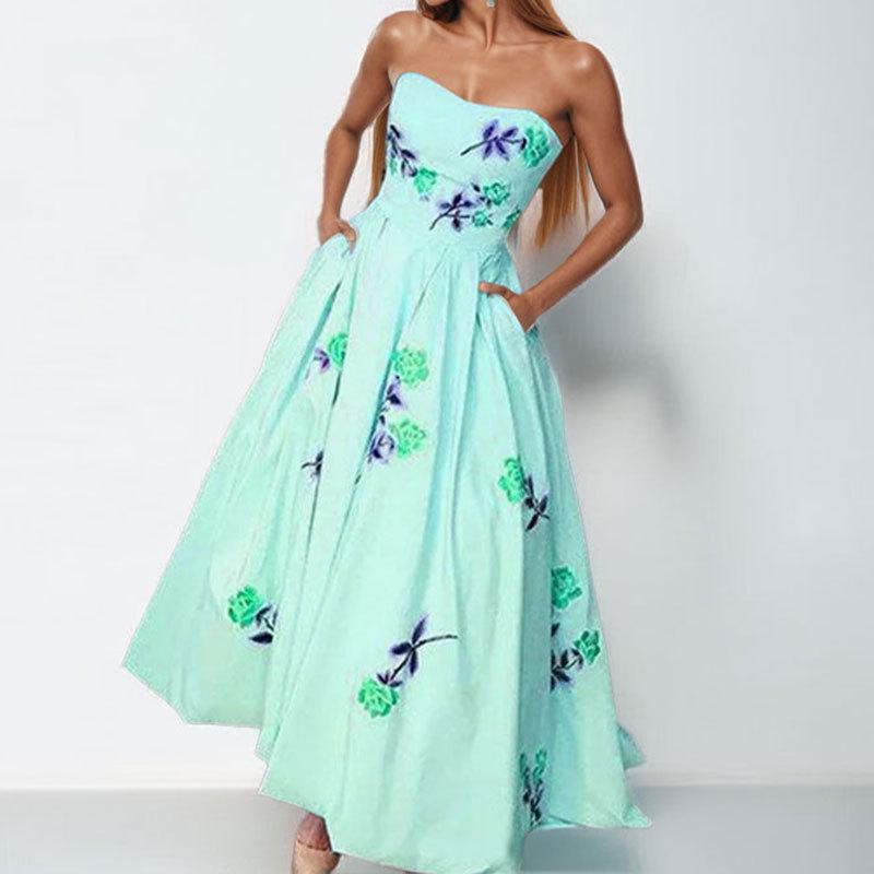 European American Women's Floral Square Neck Spring Dress with Slit